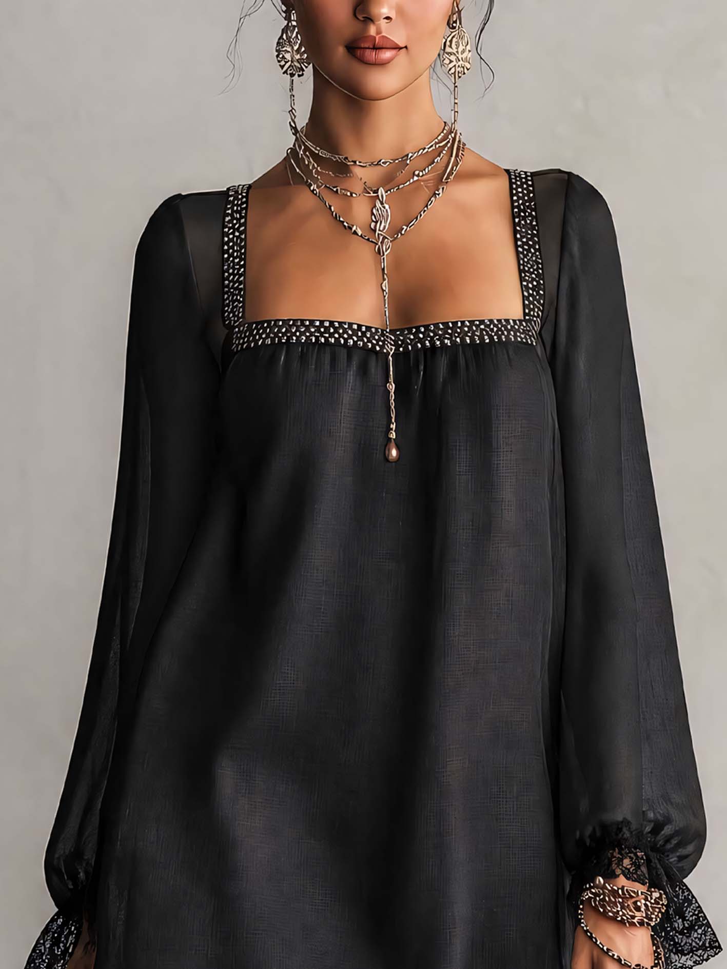 Elegant Black Mini Cocktail Dress for Women with Square Neck Bishop Sleeve Beaded Trim Sheer Style