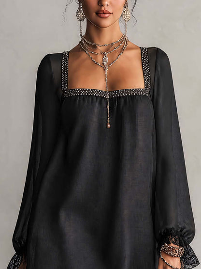 Elegant Black Mini Cocktail Dress for Women with Square Neck Bishop Sleeve Beaded Trim Sheer Style