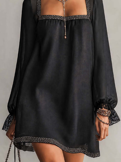 Elegant Black Mini Cocktail Dress for Women with Square Neck Bishop Sleeve Beaded Trim Sheer Style