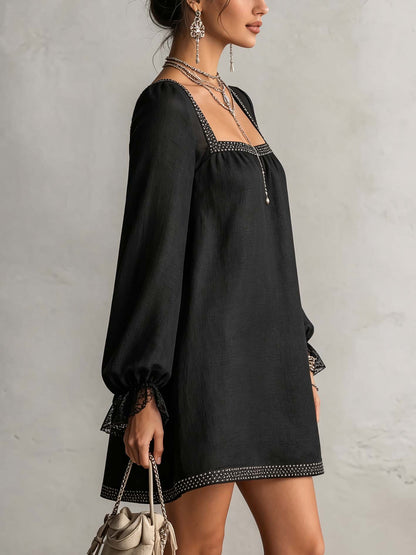 Elegant Black Mini Cocktail Dress for Women with Square Neck Bishop Sleeve Beaded Trim Sheer Style