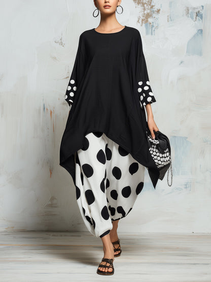 Effortless Black Polka Dot Tunic Dress for Women with Round Neck Long Sleeve Asymmetrical Hem Oversized Style