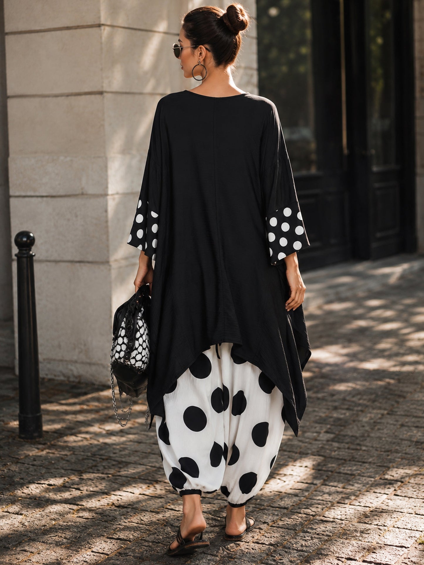 Effortless Black Polka Dot Tunic Dress for Women with Round Neck Long Sleeve Asymmetrical Hem Oversized Style