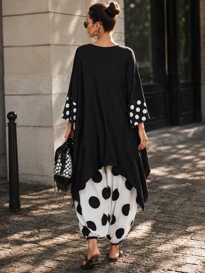 Effortless Black Polka Dot Tunic Dress for Women with Round Neck Long Sleeve Asymmetrical Hem Oversized Style