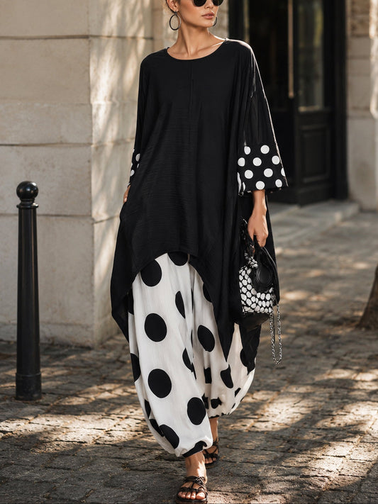 Effortless Black Polka Dot Tunic Dress for Women with Round Neck Long Sleeve Asymmetrical Hem Oversized Style