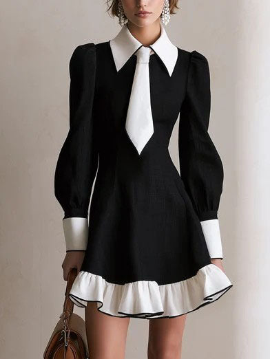 Elegant Black and White Dress for Women with Contrast Collar Tie Neck Lantern Sleeve Ruffle Hem Style