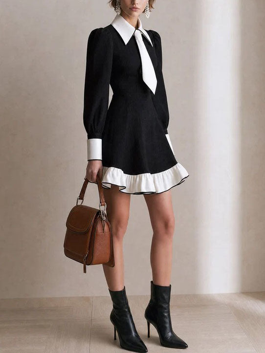 Elegant Black and White Dress for Women with Contrast Collar Tie Neck Lantern Sleeve Ruffle Hem Style
