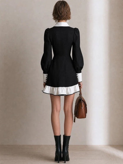 Elegant Black and White Dress for Women with Contrast Collar Tie Neck Lantern Sleeve Ruffle Hem Style