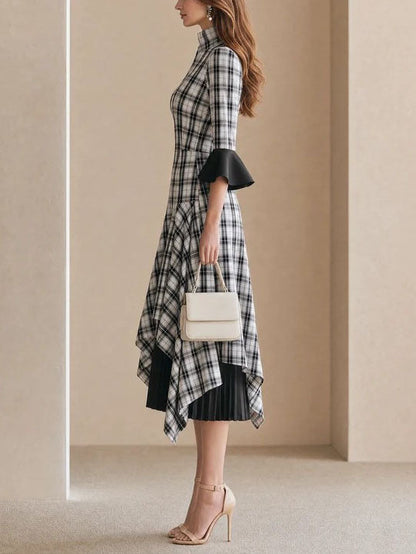 Elegant Black Plaid Dress for Women with Stand Collar Flare Sleeve Pleated Irregular Hem Style