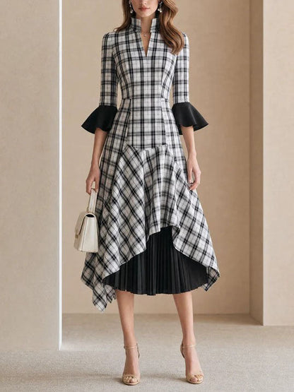 Elegant Black Plaid Dress for Women with Stand Collar Flare Sleeve Pleated Irregular Hem Style