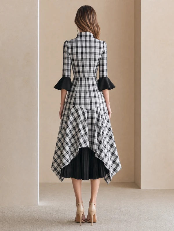 Elegant Black Plaid Dress for Women with Stand Collar Flare Sleeve Pleated Irregular Hem Style