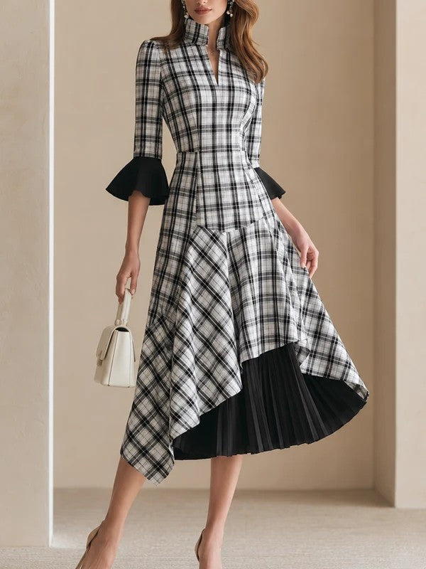 Elegant Black Plaid Dress for Women with Stand Collar Flare Sleeve Pleated Irregular Hem Style