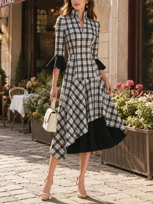 Elegant Black Plaid Dress for Women with Stand Collar Flare Sleeve Pleated Irregular Hem Style