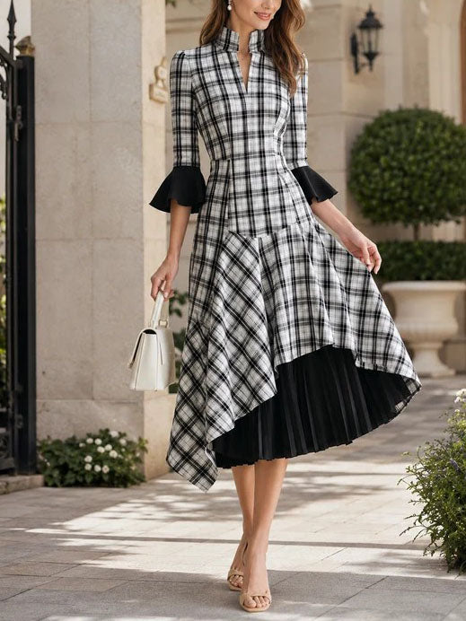 Elegant Black Plaid Dress for Women with Stand Collar Flare Sleeve Pleated Irregular Hem Style