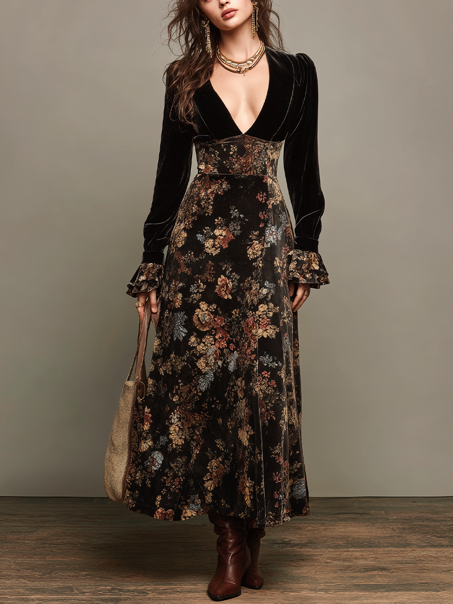 Elegant Black Floral Velvet Maxi Dress for Women with Deep V Neck Long Sleeve Panel Skirt Autumn Style