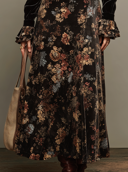 Elegant Black Floral Velvet Maxi Dress for Women with Deep V Neck Long Sleeve Panel Skirt Autumn Style