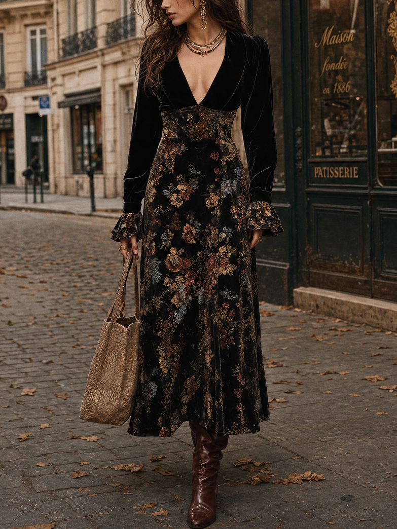 Elegant Black Floral Velvet Maxi Dress for Women with Deep V Neck Long Sleeve Panel Skirt Autumn Style