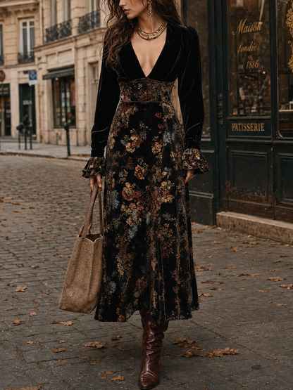 Elegant Black Floral Velvet Maxi Dress for Women with Deep V Neck Long Sleeve Panel Skirt Autumn Style