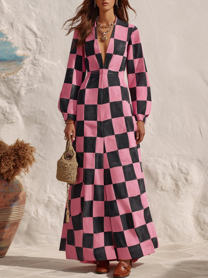 Bold Checkerboard Print Maxi Dress for Women with Deep V Neck Long Sleeve Faux Suede Flowy Style