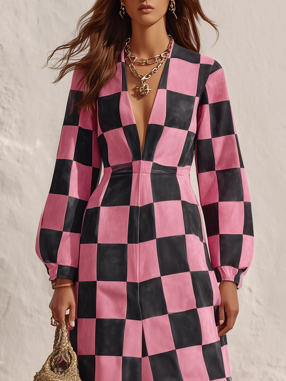 Bold Checkerboard Print Maxi Dress for Women with Deep V Neck Long Sleeve Faux Suede Flowy Style