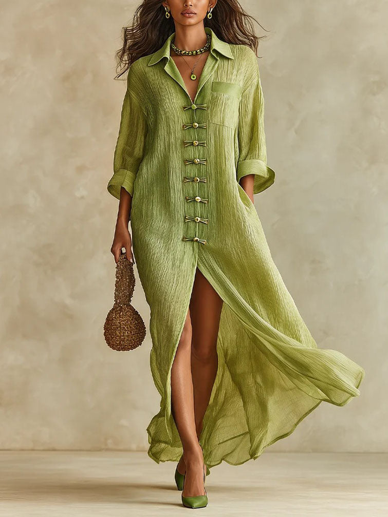 Effortless Green Dress for Women with Linen Button Front Loose Caftan Maxi Pockets Relaxed Style