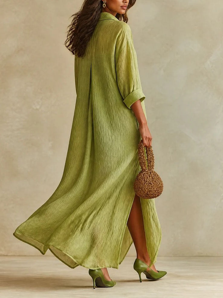 Effortless Green Dress for Women with Linen Button Front Loose Caftan Maxi Pockets Relaxed Style