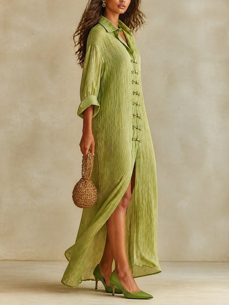 Effortless Green Dress for Women with Linen Button Front Loose Caftan Maxi Pockets Relaxed Style