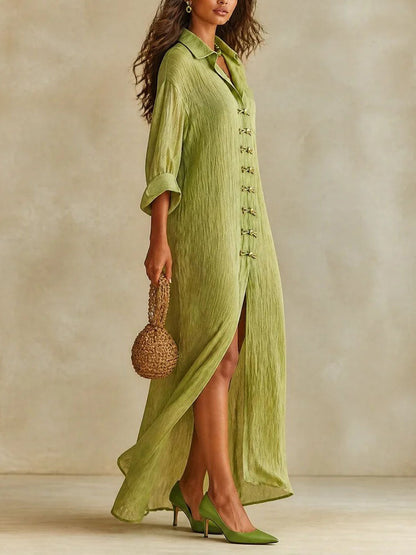Effortless Green Dress for Women with Linen Button Front Loose Caftan Maxi Pockets Relaxed Style
