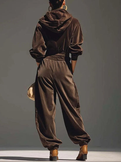 Elegant Velvet Two Piece Set for Women with Draped Cowl Neck and Wide Leg Trousers