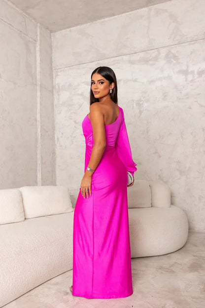 Elegant Satin Maxi Dress for Women with One Shoulder Draped Ruched Waist Formal Wedding Guest Style