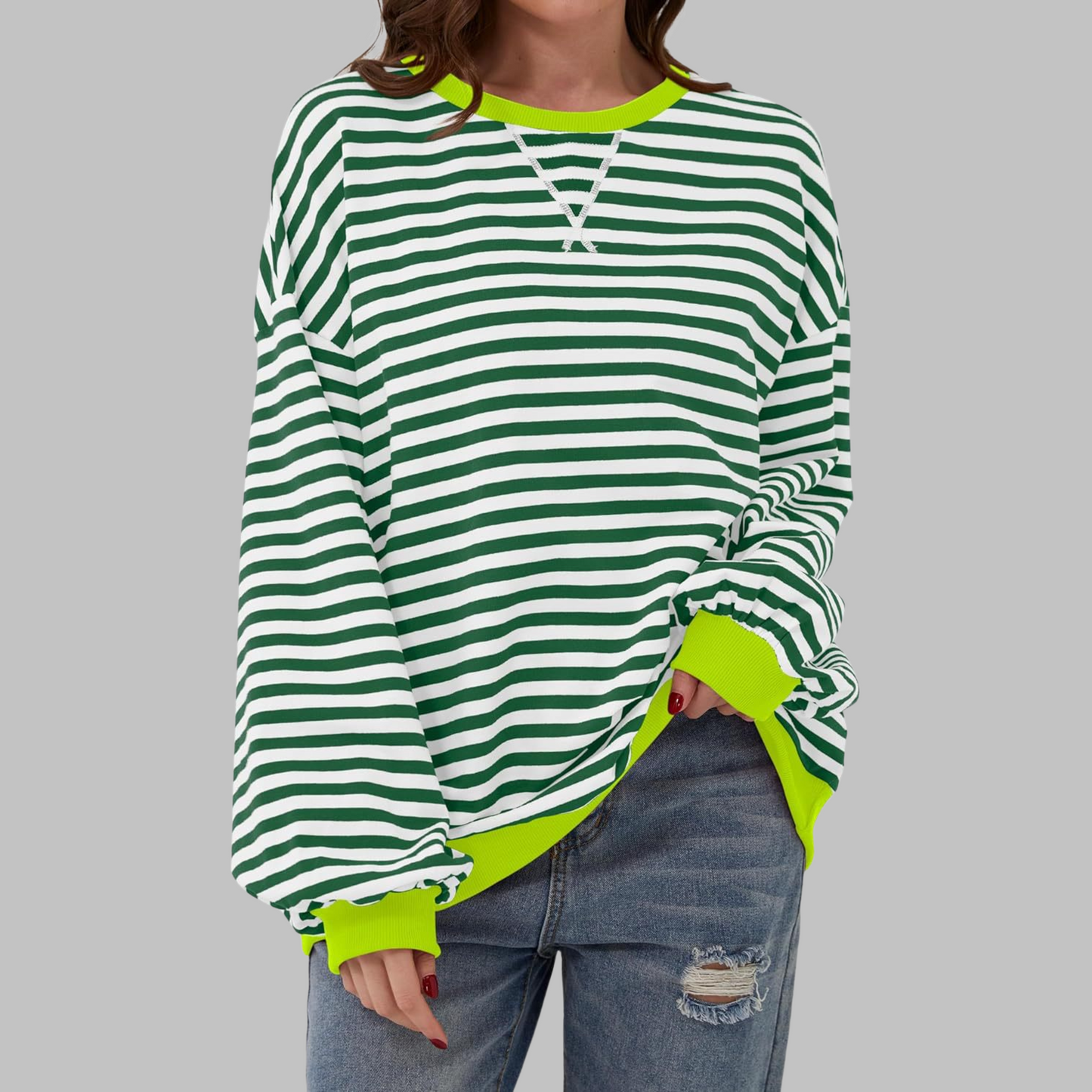 Comfortable Striped Sweatshirt for Women with Crew Neck Long Sleeve Contrast Trim Oversized Style
