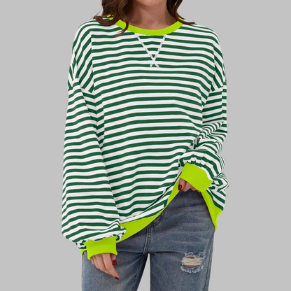 Comfortable Striped Sweatshirt for Women with Crew Neck Long Sleeve Contrast Trim Oversized Style