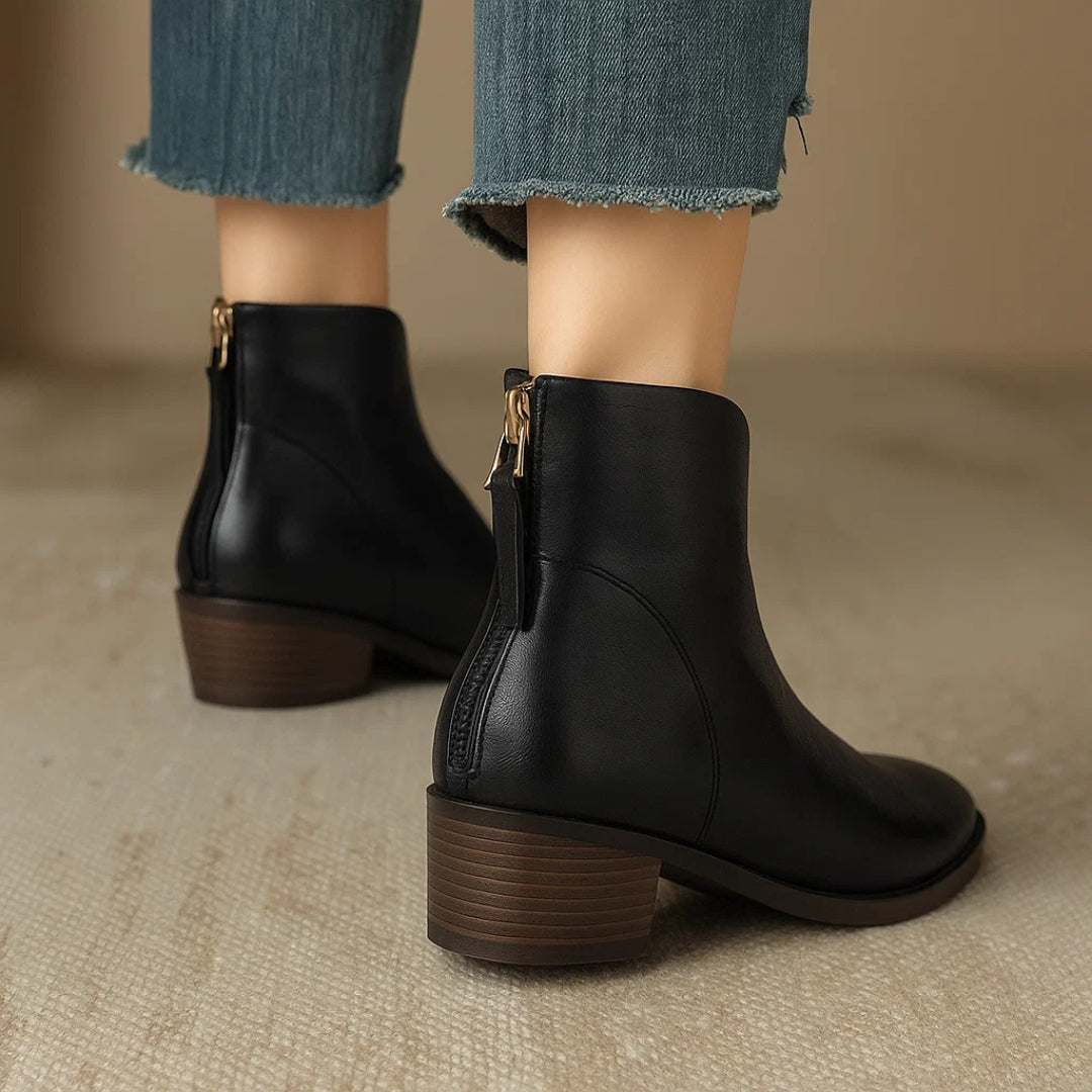 Elegant Leather Ankle Women Boots with Pointed Toe Block Heel Side Zip Style