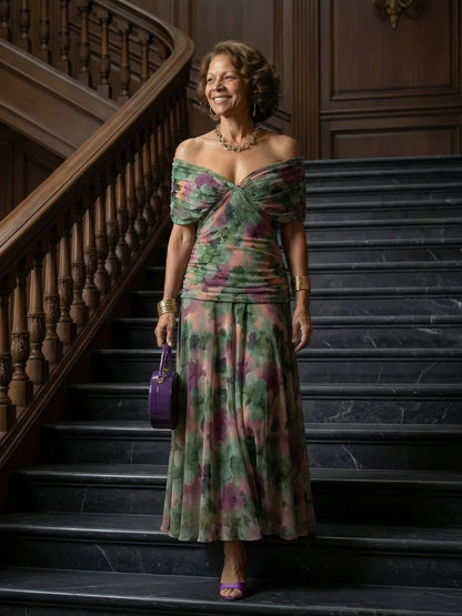 Elegant Midi Dress for Women with Off Shoulder V-Neck Floral Print Ruched Waist Formal Wedding Guest Style