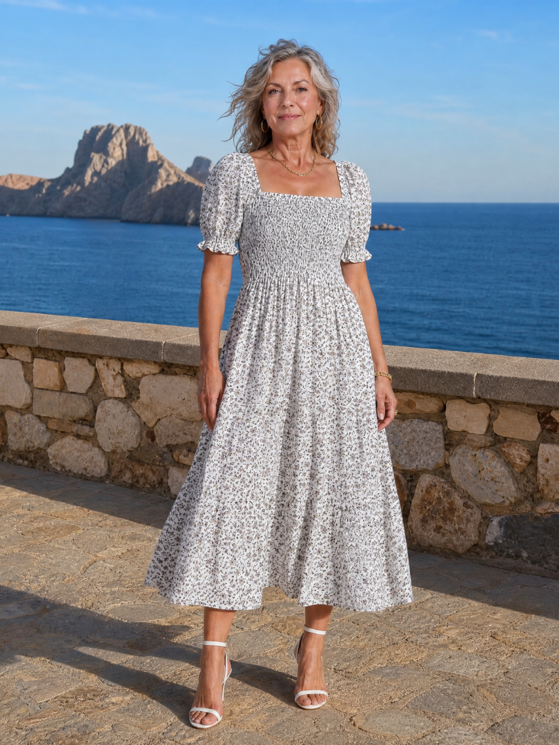 Effortless Floral Midi Dress for Women with Square Neck Puff Sleeve Smocked Bodice A Line Casual Style