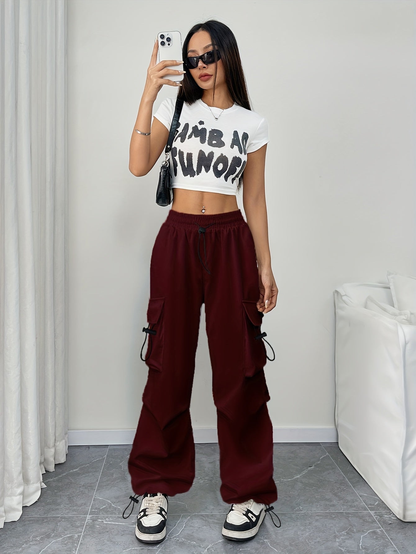 Effortless Burgundy Cargo Pants for Women with Drawstring Waist Pocket Style