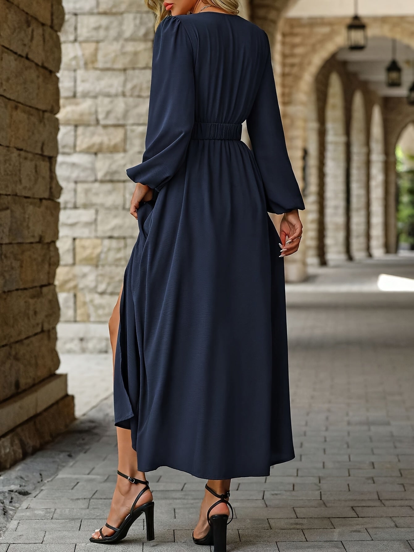 Elegant Navy Wrap Dress for Women with V Neck Long Sleeve Belted High Slit Formal Wedding Guest Style