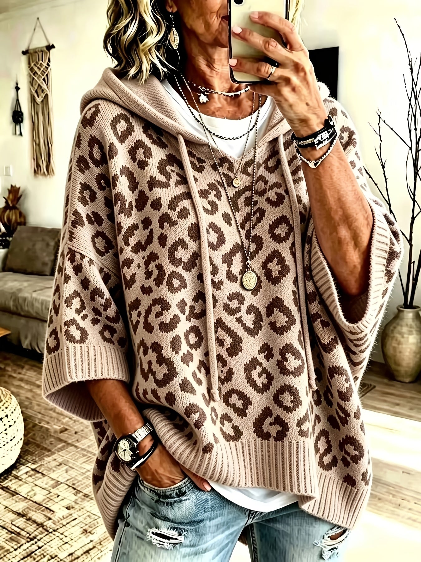 Comfortable Leopard Print Oversized Hoodie for Women with Hooded Neck Batwing Sleeve Drawstring Knit Style