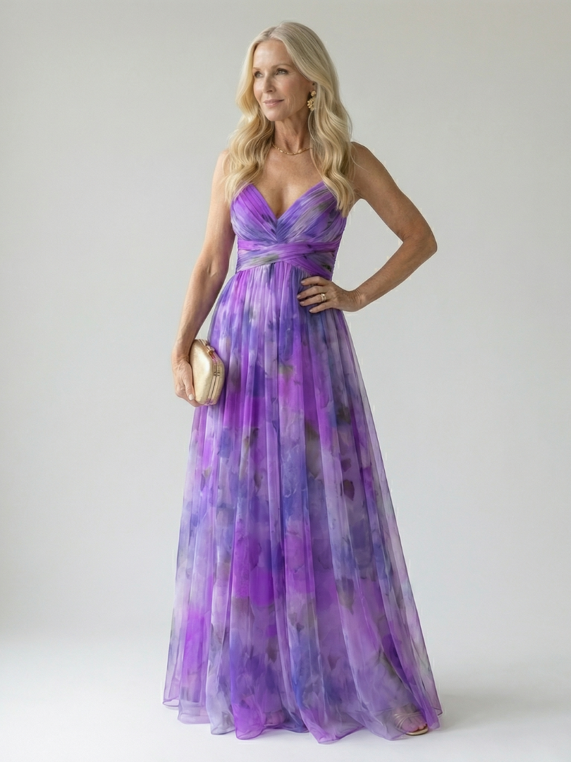 Effortless Watercolor Floral Maxi Dress for Women with V Neck Sleeveless Ruched Flowing Autumn Wedding Guest Style
