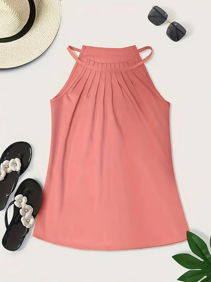 Stylish Blouses for Women with Halter Neck Ruched Collar Sleeveless Backless Casual Summer Top Style