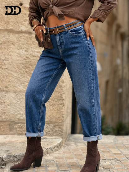 Effortless Deep Blue Relaxed Mom Jeans for Women with High Waist Cuffed Straight Leg