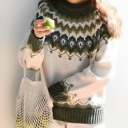 Comfortable Fair Isle Sweater for Women with Crew Neck Long Sleeve Oversized Knit Style
