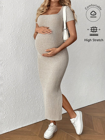 Comfortable Ribbed Knit Maternity Maxi Dress for Women with Square Neck Short Sleeve Bodycon Side Slit Style