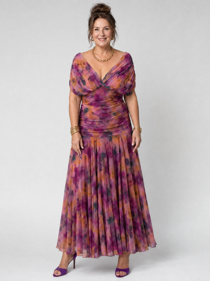 Elegant Purple Dress for Women with V Neck Flutter Sleeve Floral Ruched Maxi Wedding Guest Style