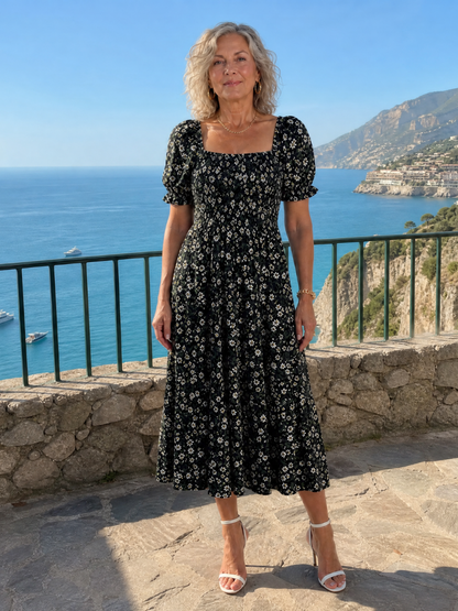 Effortless Floral Midi Dress for Women with Square Neck Puff Sleeve Smocked Bodice A Line Casual Style