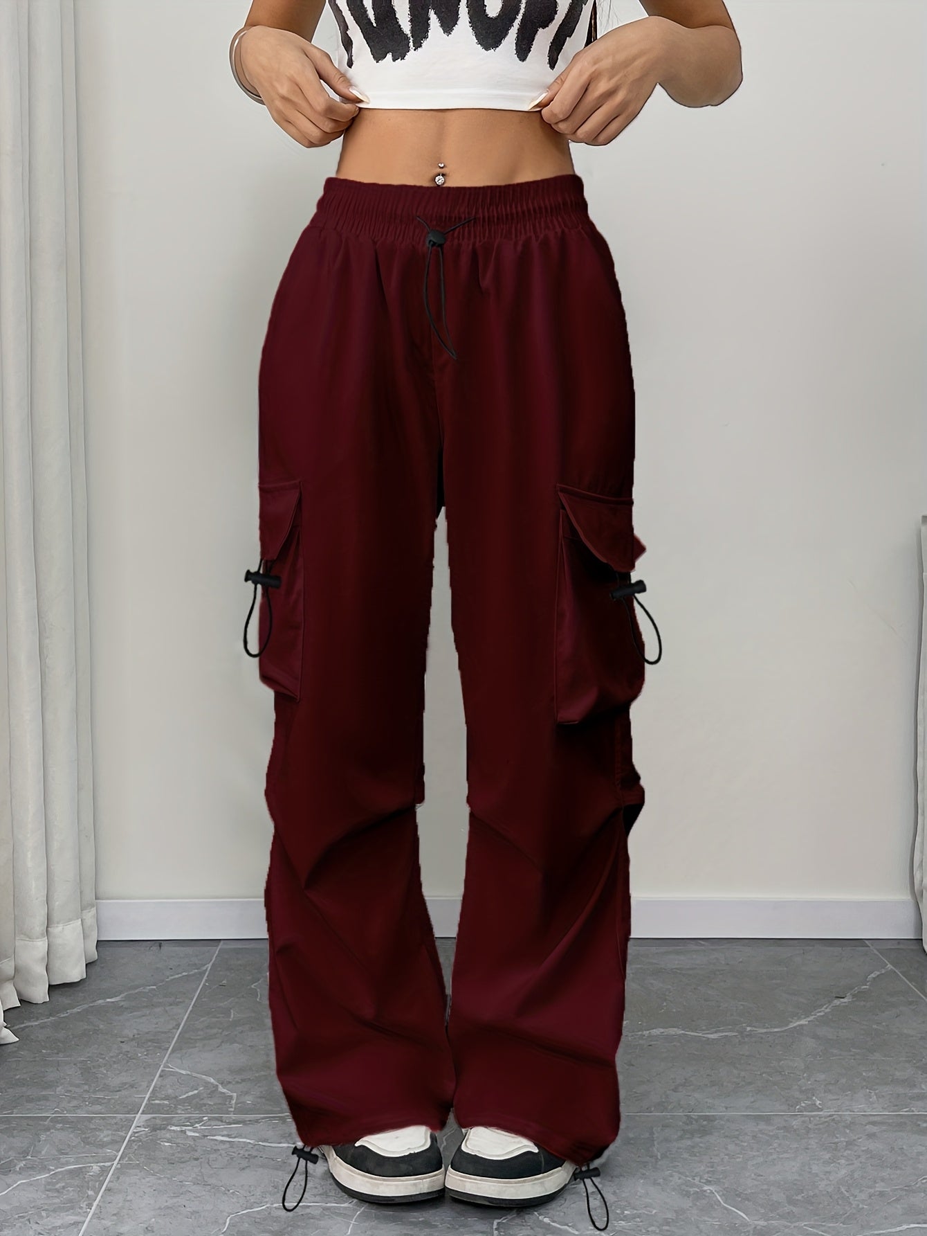 Effortless Burgundy Cargo Pants for Women with Drawstring Waist Pocket Style