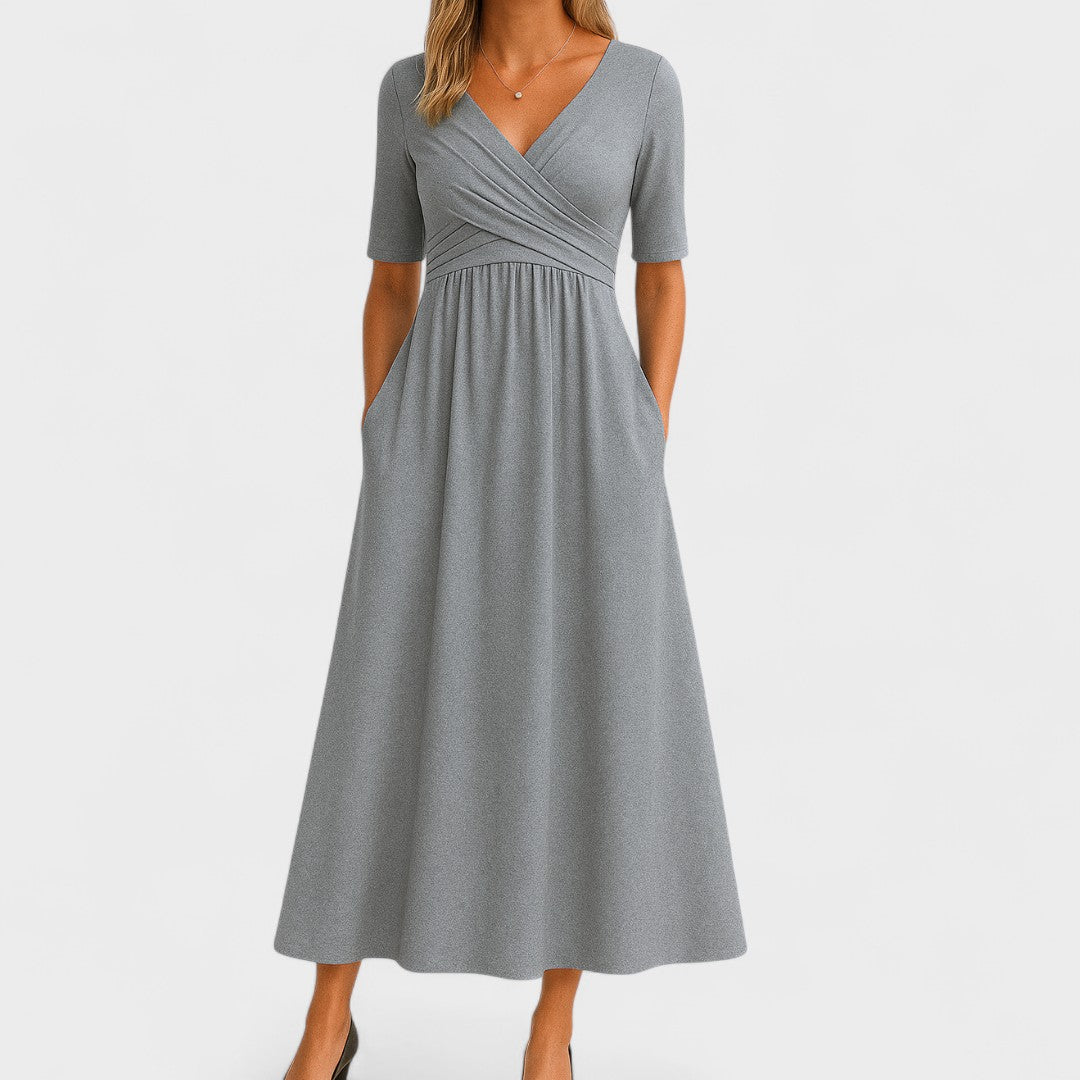 Comfortable Maxi Dress for Women with Surplice V Neck Short Sleeve Pockets Jersey Relaxed Style