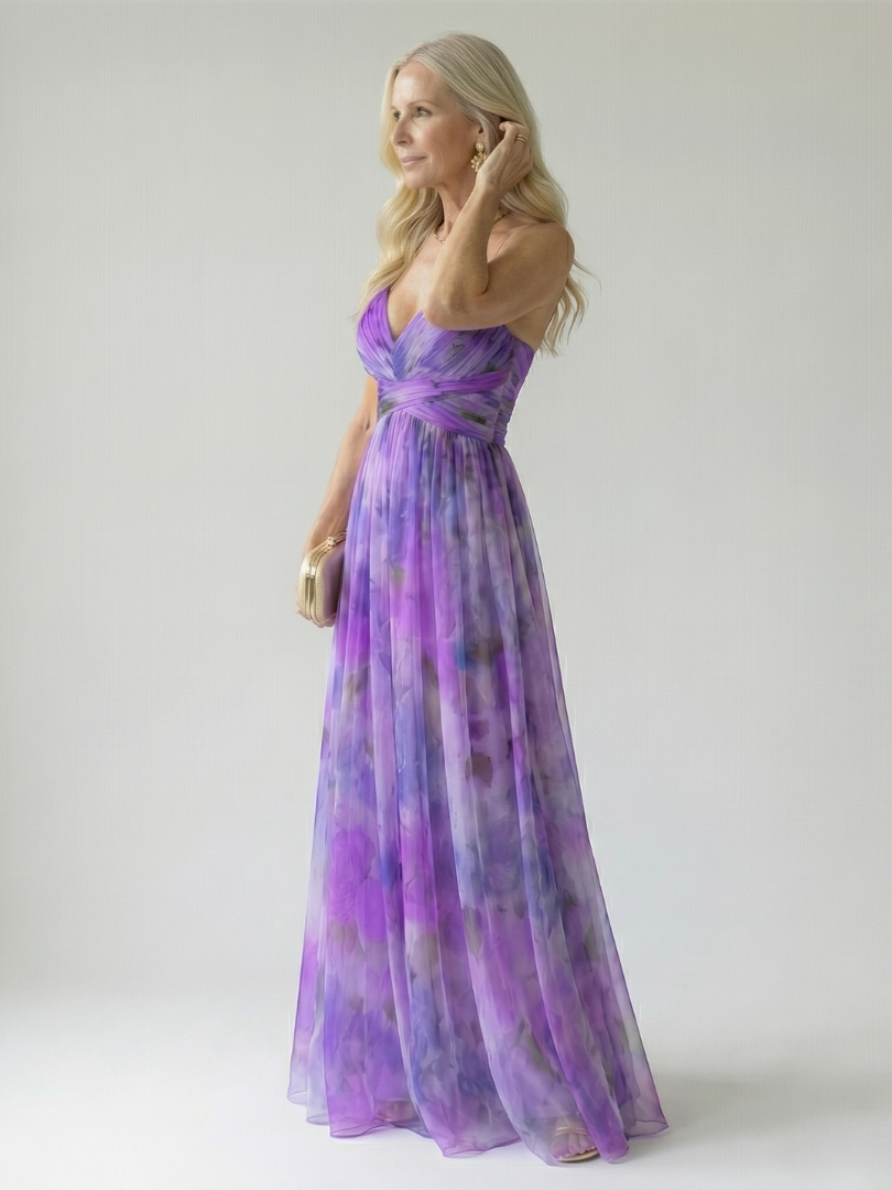 Effortless Watercolor Floral Maxi Dress for Women with V Neck Sleeveless Ruched Flowing Autumn Wedding Guest Style