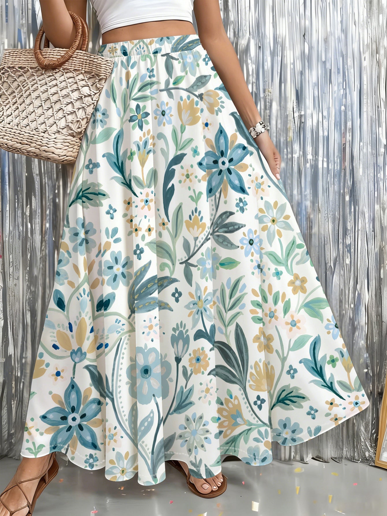 Effortless Floral Long Skirt for Women with Elastic Waist A Line Flowing Bohemian Style