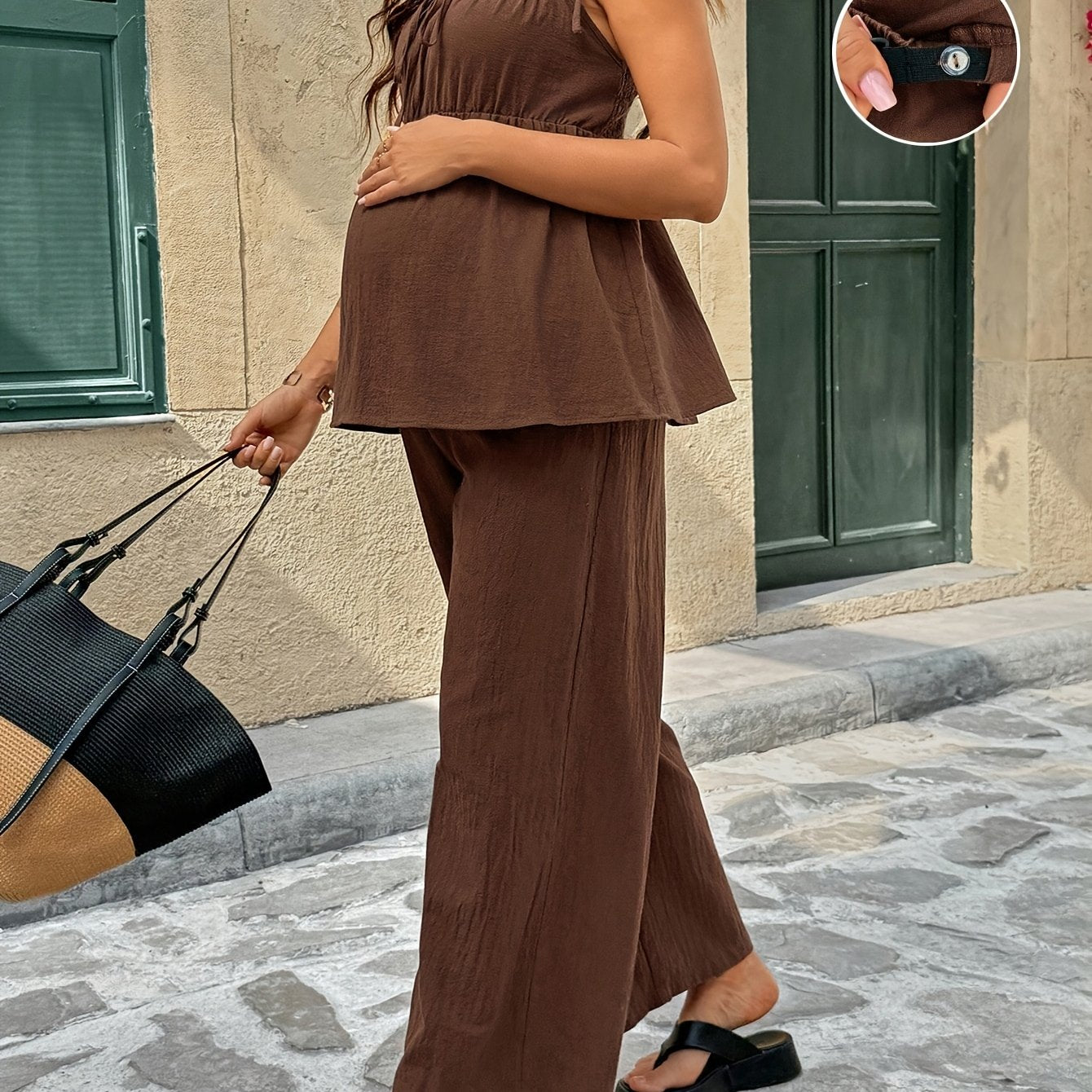 Comfortable Maternity Two Piece Set for Women with Spaghetti Strap Tie Back Tank Top Wide Leg Pants Casual Style