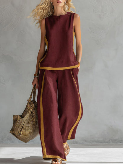 Effortless Linen Two Piece Set for Women with Contrast Piping Wide Leg Pants